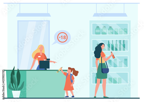 Little girl trying to buy alcohol. Mother with child at liquor store, saleswoman refusing to sell bottle to kid flat vector illustration. Alcohol, liquor store concept for banner, website design
