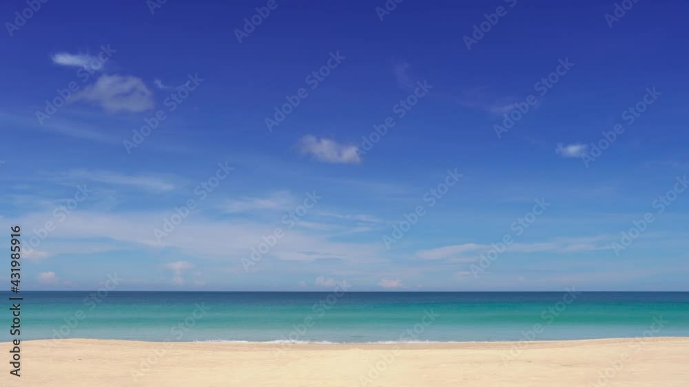 4K. Professional Video. Phuket Thailand Summer beach sea. No people at beach. Summer beach sea blue sky background. Nature and travel concept.