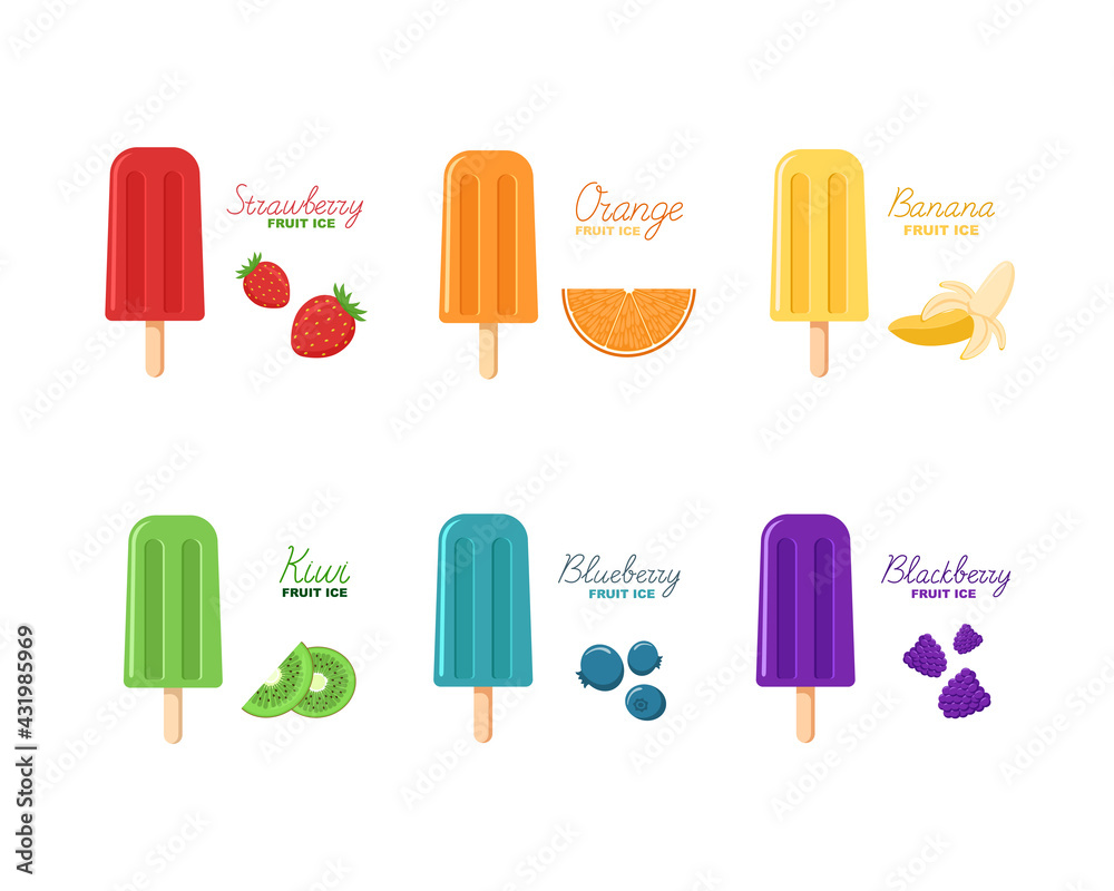 Rainbow colored fruit ice pops set. Various berry ice cream on a stick Rainbow colored fruit ice pops set. Various berry ice cream on a stick