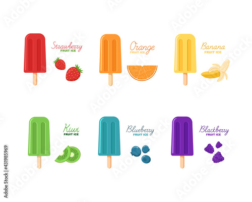 Rainbow colored fruit ice pops set. Various berry ice cream on a stick