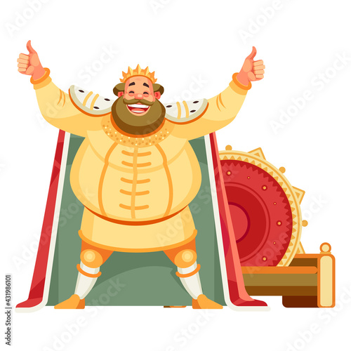 King cartoon character with a wide smile, looking at the viewer with a happy expression, showing thumbs up with both hands, achieving goals. Body language. Vector illustration isolated background