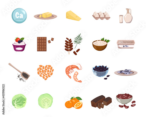 Source of calcium. A set of dairy products, nuts and dried fruits. Natural organic food high in minerals. Time for health and care. Vector flat illustration