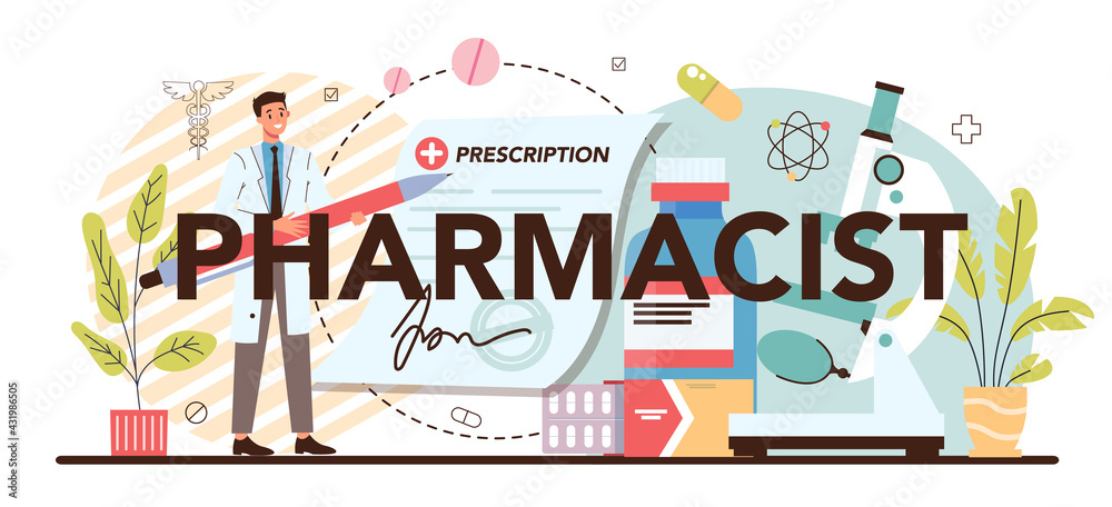 Fototapeta premium Pharmacist typographic header. Pharmacist selling drugs in bottle