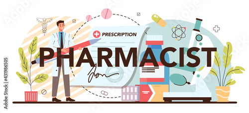 Pharmacist typographic header. Pharmacist selling drugs in bottle
