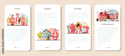 Firefighter mobile application banner set. Professional fire brigade