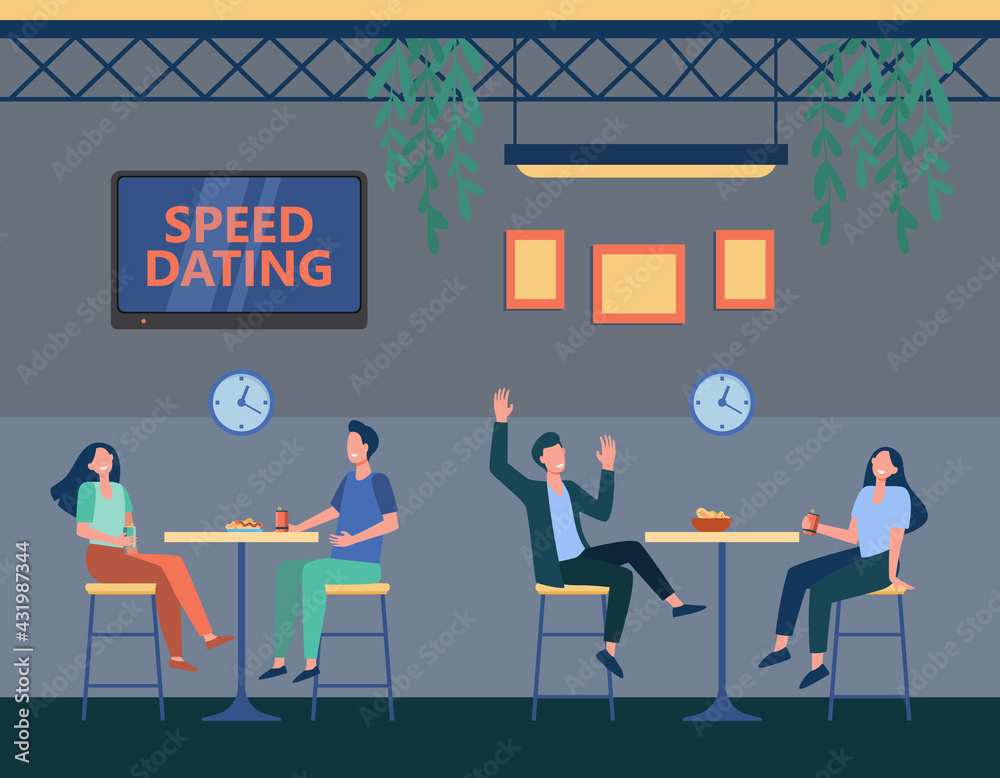 Couples in cafe on speed dating program. Cartoon strangers chatting, clock with timer flat vector illustration. Speed dating, romance concept for banner, website design or landing web page - obrazy, fototapety, plakaty 