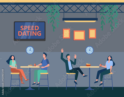 Couples in cafe on speed dating program. Cartoon strangers chatting, clock with timer flat vector illustration. Speed dating, romance concept for banner, website design or landing web page