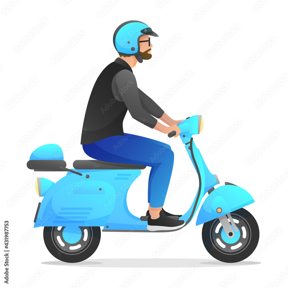 Blue retro scooter, moped, motorbike with man, boy in blue jeans and black vest, isolated on white background. Vector illustration for design, flyer, poster, banner, web, advertising. Blue retro scooter, moped, motorbike with man, boy in blue jeans and black vest, isolated on white background. Vector illustration for design, flyer, poster, banner, web, advertising.