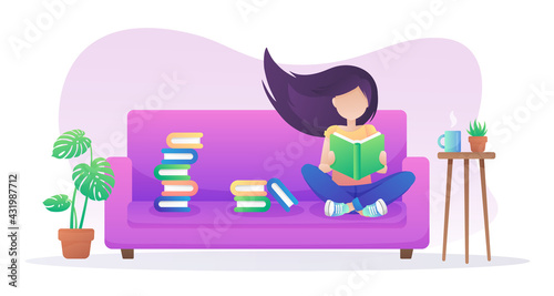Girl sitting in purple sofa and reading book. Interior with table, plants in a pots and cup of coffee, tea, and black cat. Vector illustration isolated on white background.