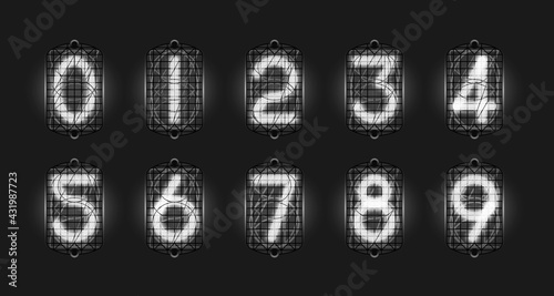 Set of retro neon numbers from white lamps in-12, nixie tube indicator, industrial lamp gas-discharge indicator, neon light on black background. Vector steampunk illustration.