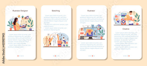 Illustration designer mobile application banner set. Artist drawing picture