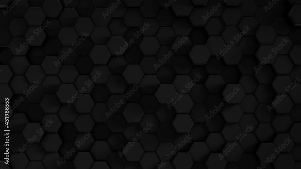 Black minimalism. A mosaic surface with moving black hexagon shapes. Abstract geometric background. Honeycomb Cycle Animation 4K. 3d. top view