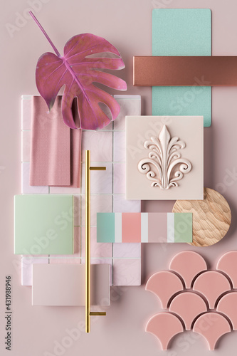 Three dimensional render of various interior design material samples