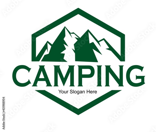 camping logo design with green mountain free vector photo