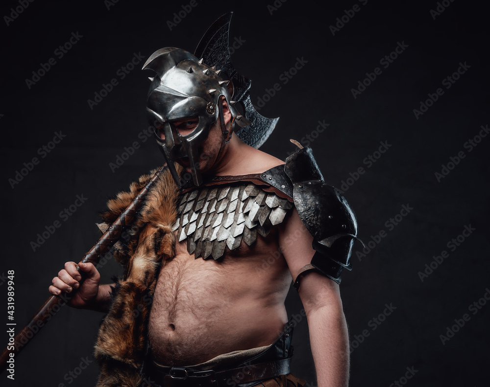 Naklejka premium Ancient gladiator with axes and dangerous look