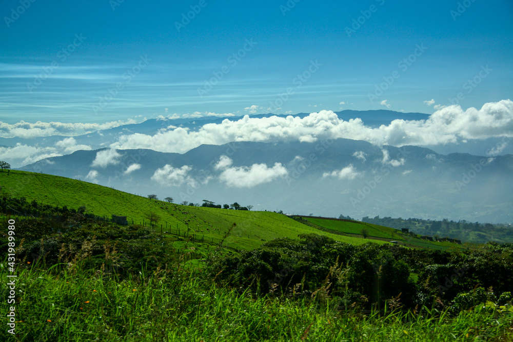 Landscape of green field and mountain view along the way to Irazu volcano, Cartago, Costa Rica