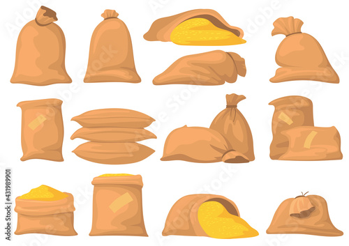Bags of flour, rice, wheat and sugar vector illustrations set. Cartoon sacks with harvest, food isolated on white background. Agriculture, farming, agronomy, food concept