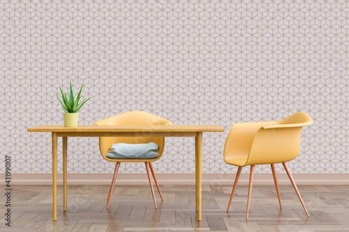 Three dimensional render of two chairs standing by simple table with wall covered in geometric cube wallpaper photo