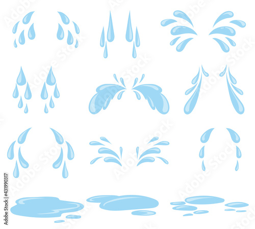 Cartoon drops of sweat or tears vector illustrations set. Water droplets and puddles from crying or sweating isolated on white background. Sadness, sports, weather concept