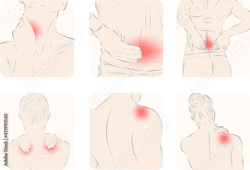 Body ache, Office syndrome The picture shows pain at various points of the body of men and women, showing neck pain, back, shoulder, calf pain.