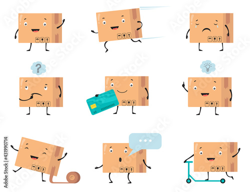 Delivery cardboard box character vector illustrations set. Cartoon delivery box with cute face smiling, holding card, crying, thinking, riding scooter. Delivery, warehouse, packaging concept