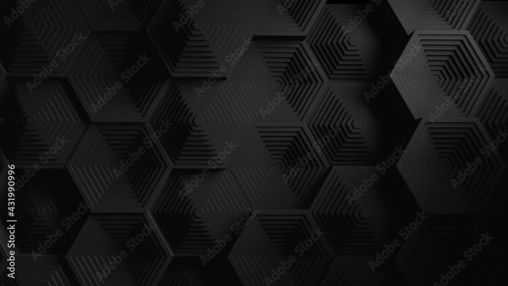 Black minimalism. A mosaic surface with moving black hexagon shapes. Abstract geometric background. Cells. The waves. 4K. 3d loop animation.