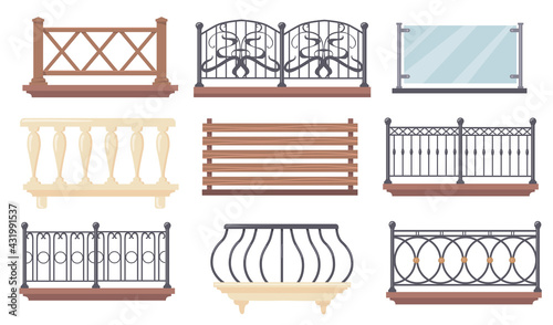 Vintage and modern balcony railings vector illustrations set. Iron, wooden or glass fences with balusters, banisters for terrace isolated on white background. Architecture, exterior design concept