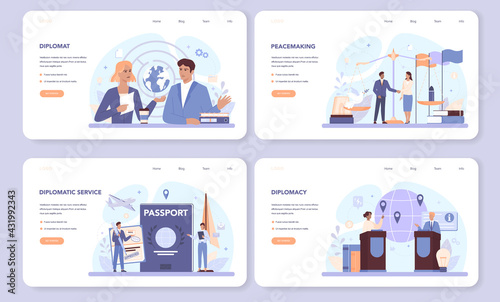Diplomat web banner or landing page set. Idea of international relations