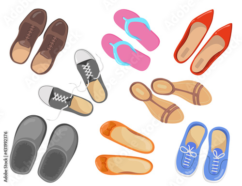 Different types of footwear vector illustrations set. Collection of sport and business shoes, sneakers, pairs of red and brown shoes top view isolated on white background. Fashion, footwear concept