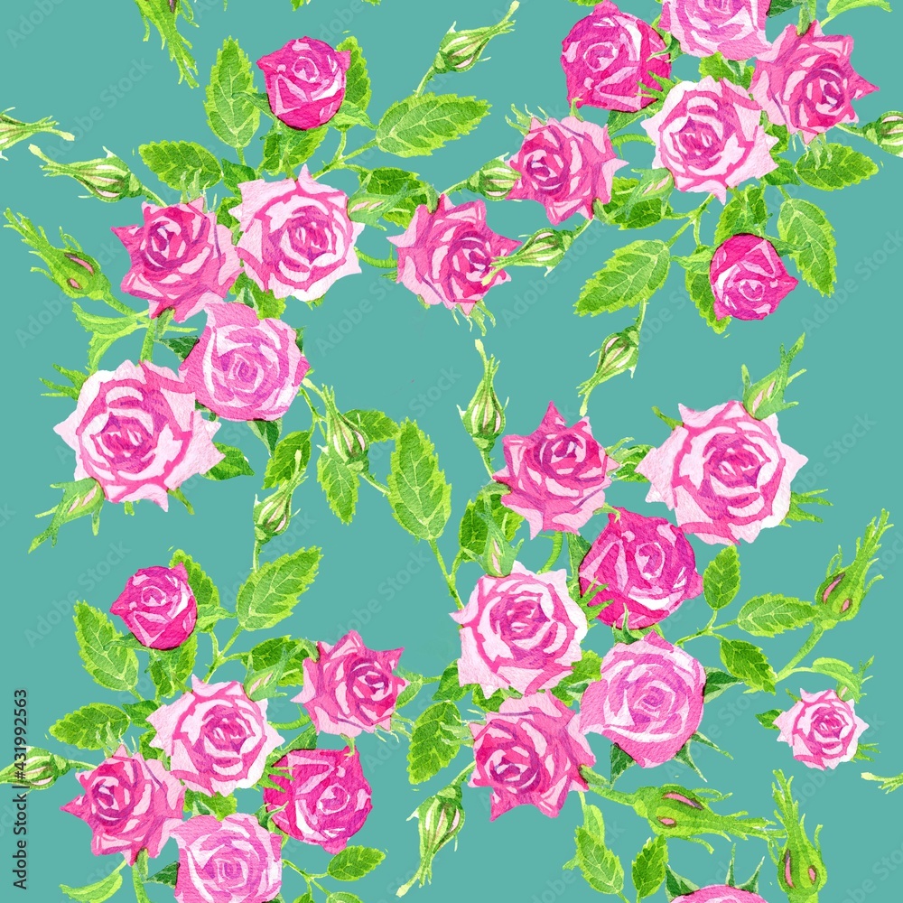 Bright seamless pattern on a dark green background of delicate pink watercolor roses.