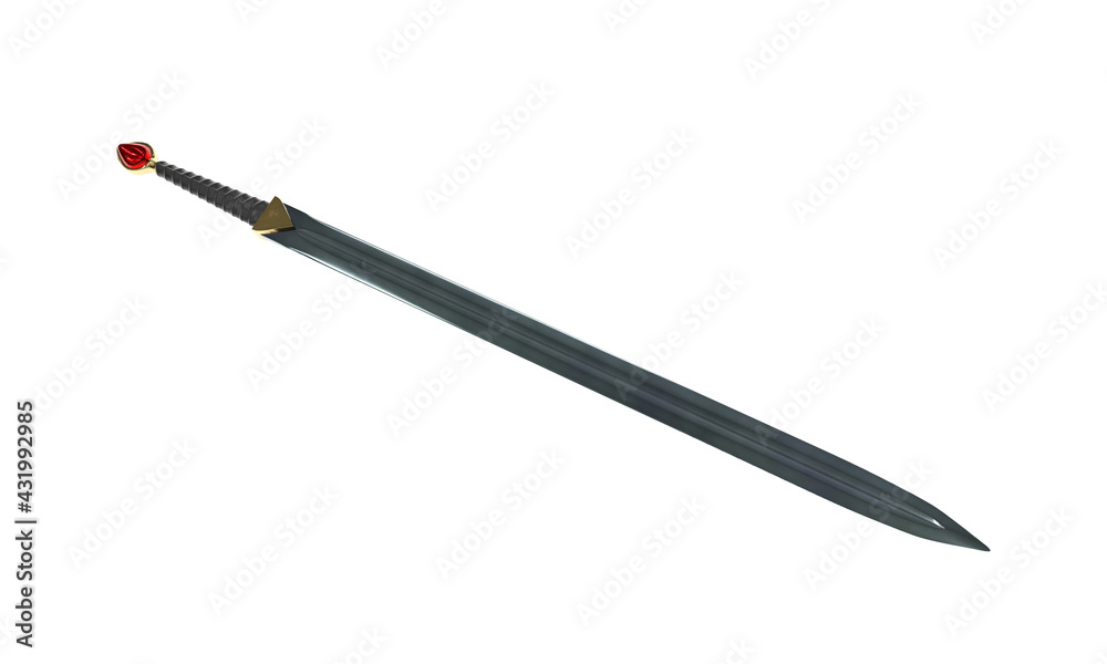A fantasy long sword, with a skull and gold on an isolated white background. 3d illustration A fantasy long sword, with a skull and gold on an isolated white background. 3d illustration
