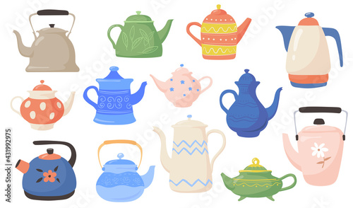 Different teapots and kettles flat vector illustrations set. Collection of ceramic, electric and glass cartoon household utensils isolated on white background. Kitchenware, kitchen tools concept