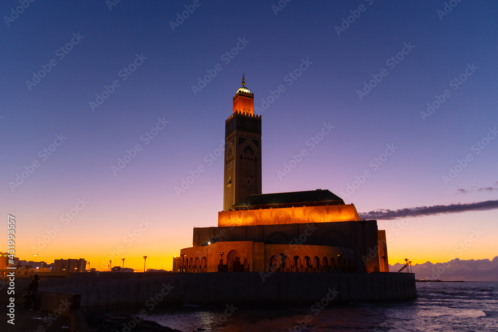Hassan II Mosque against a colorful dusk sky in Casablanca, Morocco