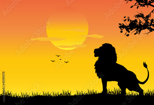 lion standing Against a Sunset illustration, African nature with a wild lion.Black silhouette of a lion, jungle background