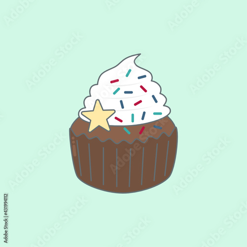 Chocolate cupcake with cream and sugar sprinkles