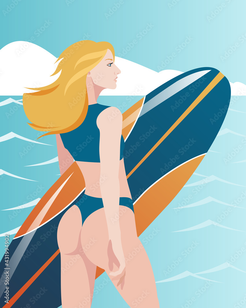 A slender blonde girl stands on the background of the ocean with a surfboard. Summer rest.