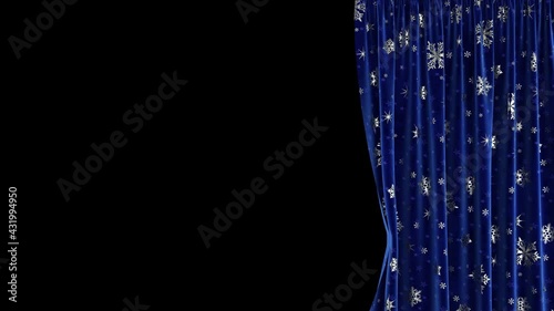 Animation of the right blue velvet curtain with snowflakes and a black and white mask to create a transparent background. High-quality 4K animation.