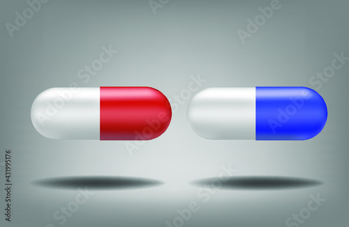 Ilustración de píldoras en color rojo y azul photo