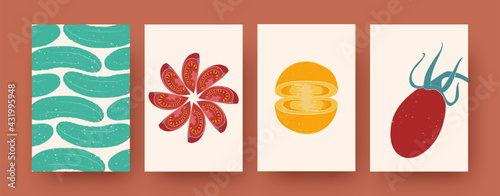 Set of creative tomato, cucumber vector illustrations. Collection of contemporary natural elements in pastel colors. Nature, vegetable, flower concept for social media design