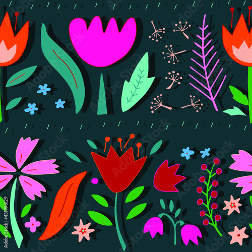 Beautiful cartoon flowers. Summer colorful background. Seamless pattern. 