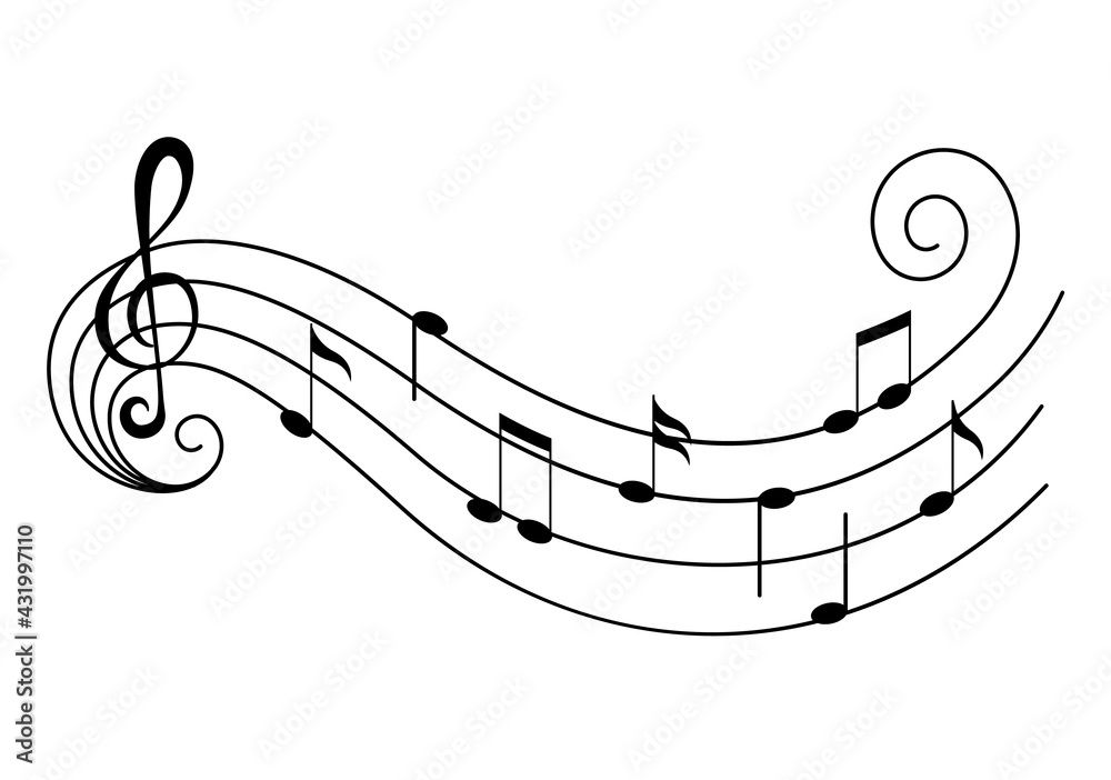 Music notes on staves. Music staff black notes symbols in rounded