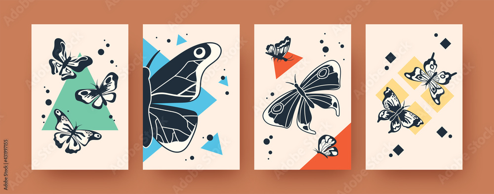 Set of banners with ink butterflies on pastel background. Creative black Scandinavian butterflies vector illustrations. Insects and wildlife concept for social media, postcards, invitation cards