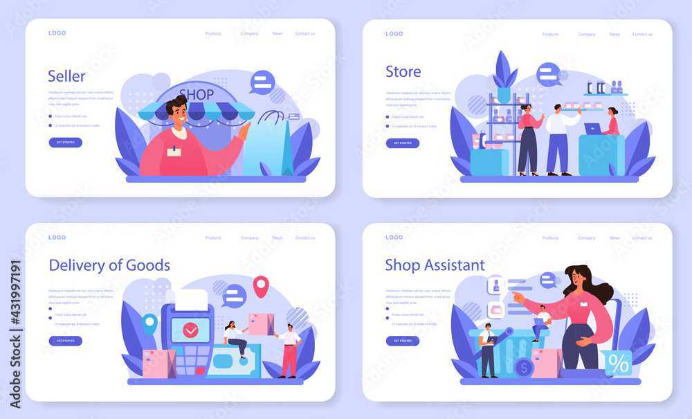 Seller web banner or landing page set. Professional worker in the supermarket Seller web banner or landing page set. Professional worker in the supermarket
