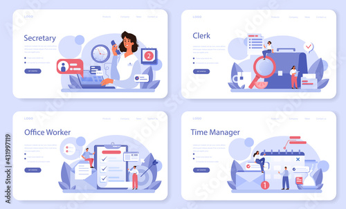 Secretary web banner or landing page set. Receptionist answering calls