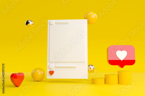 Social Media with photo frame, like button and geometric shapes on yellow background illustration 3d rendering photo