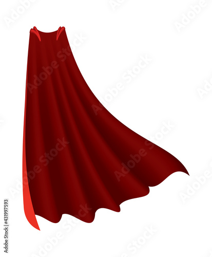 Superhero red cape. Scarlet fabric silk cloak in front view. Carnival or masquerade dress. Realistic costume design. Silk flying cape