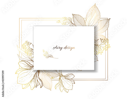 Gold frame. Leaves and flowers from golden threads. Square frame with summer flowers in vintage style. Vector illustration. Place for an inscription. 3d effect