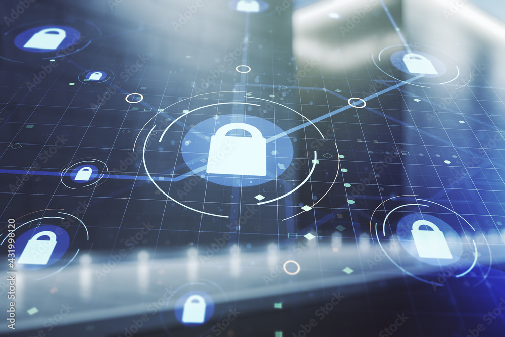 Virtual creative lock illustration with microcircuit on blurry contemporary office building background, cyber security concept. Multiexposure Virtual creative lock illustration with microcircuit on blurry contemporary office building background, cyber security concept. Multiexposure