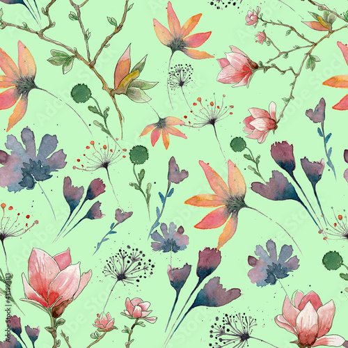 Watercolor flowers on a mint background pattern
