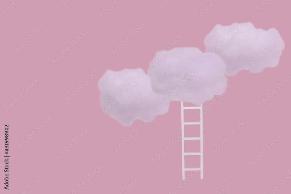 Creative idea with white clouds and ladder on pastel pink background. Creative idea with white clouds and ladder on pastel pink background.